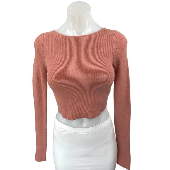 Urban Outfitters Pink Rib Knit Long Sleeve Lace Up Tie Back Crop Sweater Top S - Picture 1 of 4